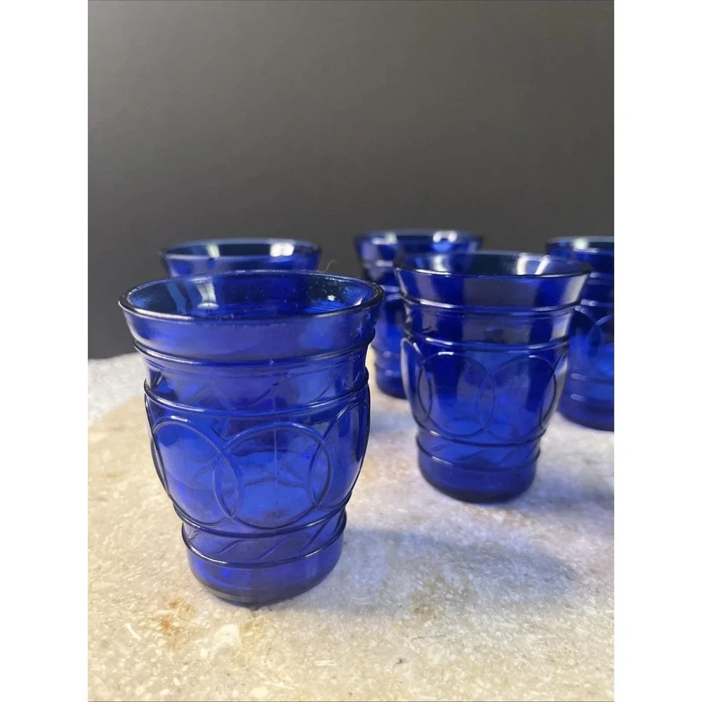 Set Of 6 -1930's Hazel Atlas Blue Cobalt Ring of Rings 3 Oz Cordial Shot Glasses